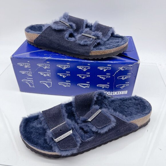 Birkenstock Arizona Shearling Sandals Slide Navy Blue Suede Wms EU 37 US 6- 6.5 - Picture 1 of 11